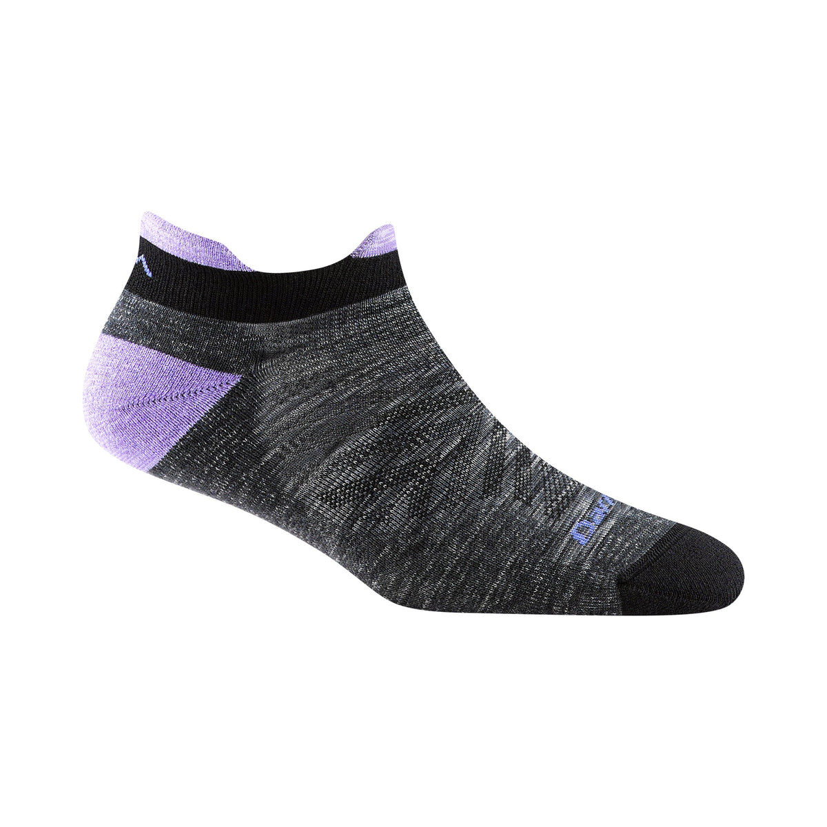 No-show running merino socks, charcoal with lavender heel and toe accents