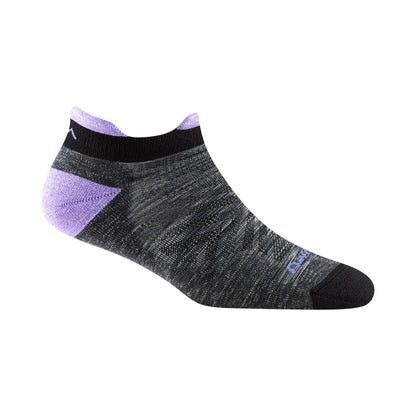 No-show running merino socks, charcoal with lavender heel and toe accents