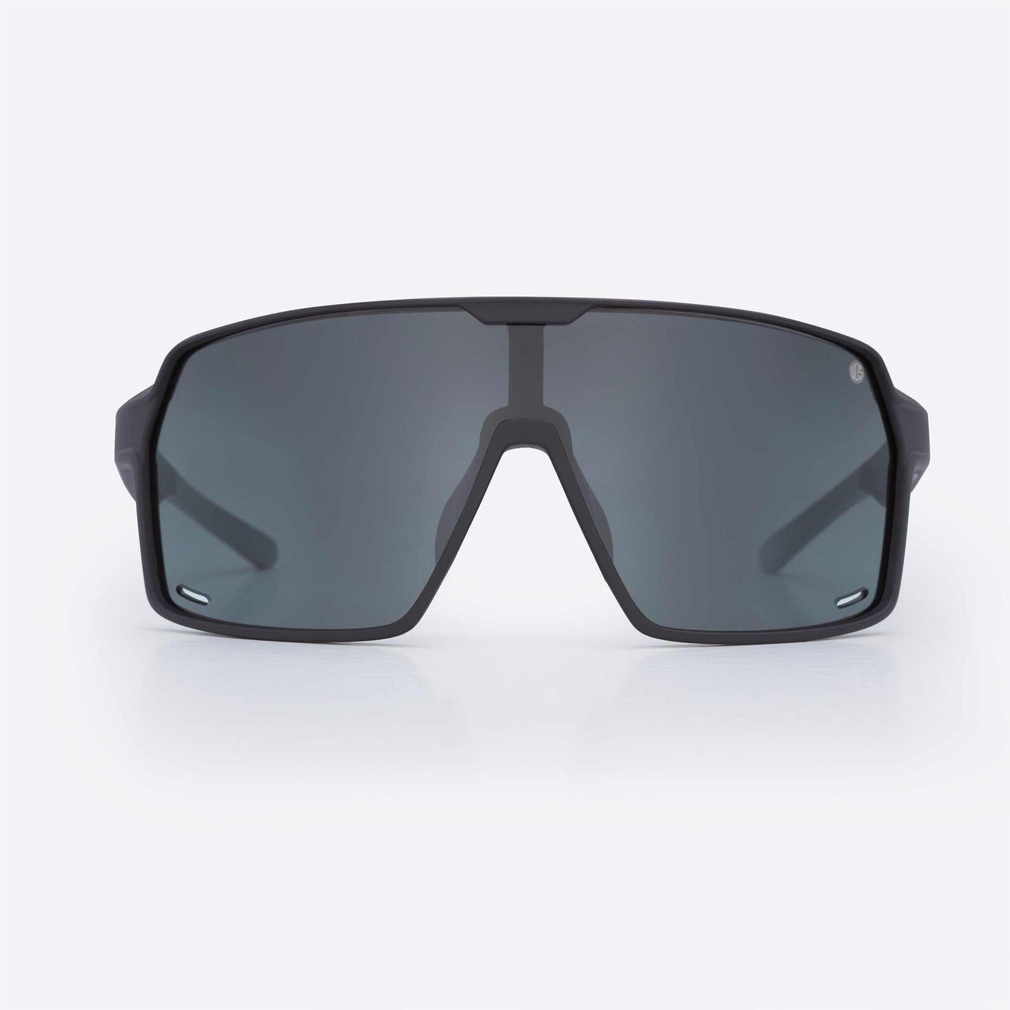 Black wraparound sport sunglasses with dark gray lenses and nose bridge