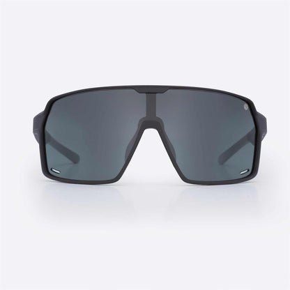 Black wraparound sport sunglasses with dark gray lenses and nose bridge