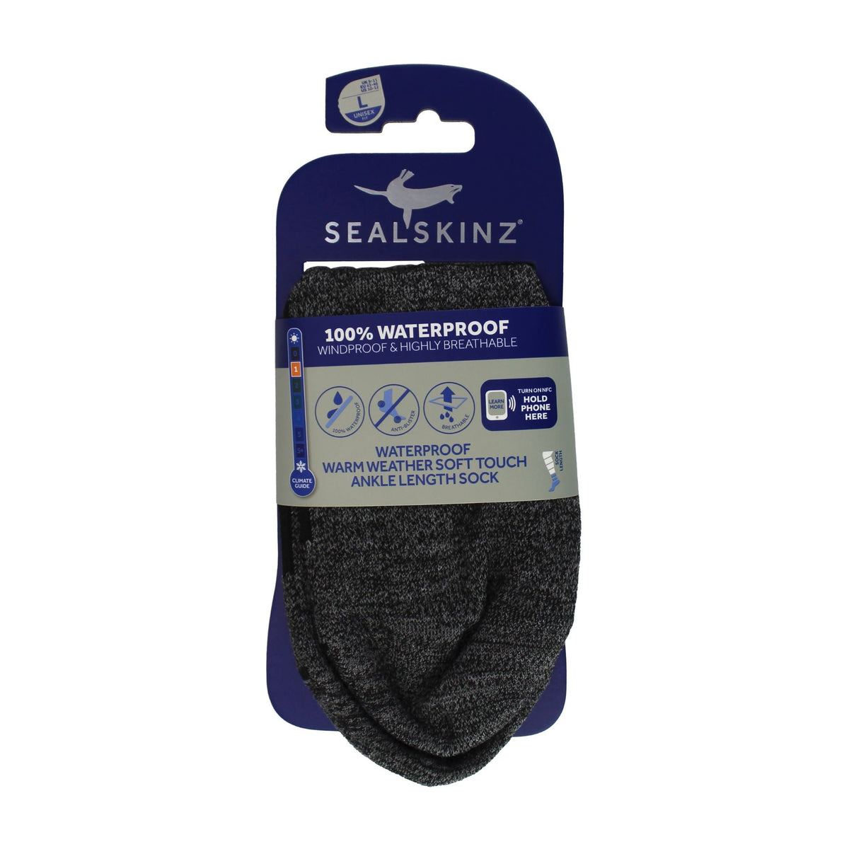 Waterproof ankle socks on retail card, black with grey toe and heel