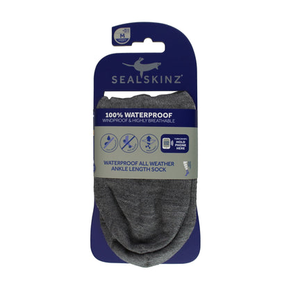 SEALSKINZ waterproof ankle sock pack, dark grey socks shown in retail packaging