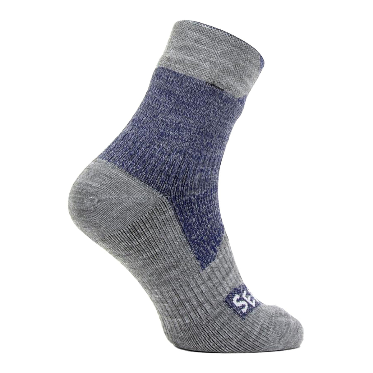 Men's waterproof ankle socks in navy blue with grey toe and heel, cushioned sole
