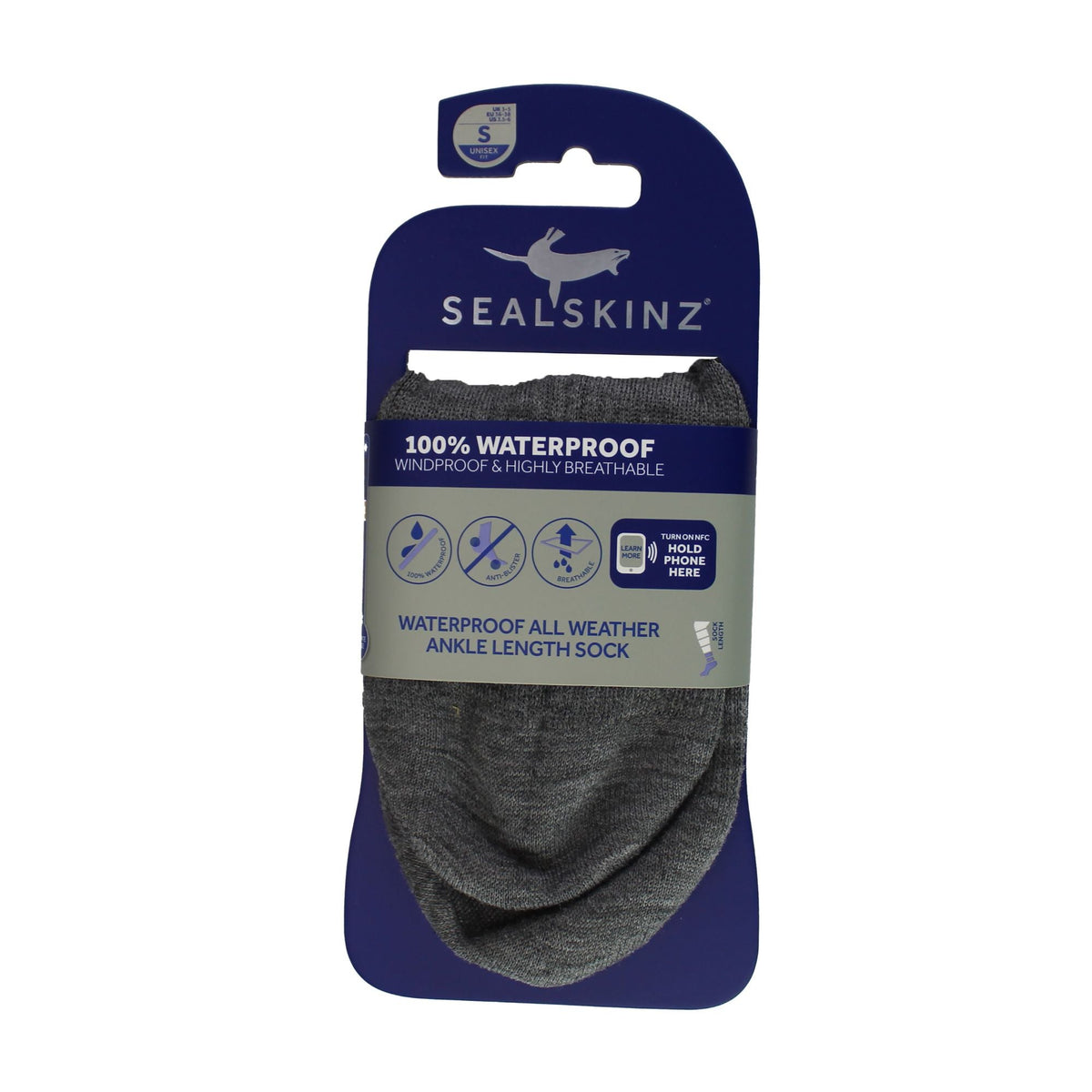 SEALSKINZ 100% waterproof ankle length sock pack, dark grey sock shown on card
