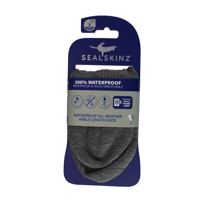 SEALSKINZ 100% waterproof ankle length sock pack, dark grey sock shown on card