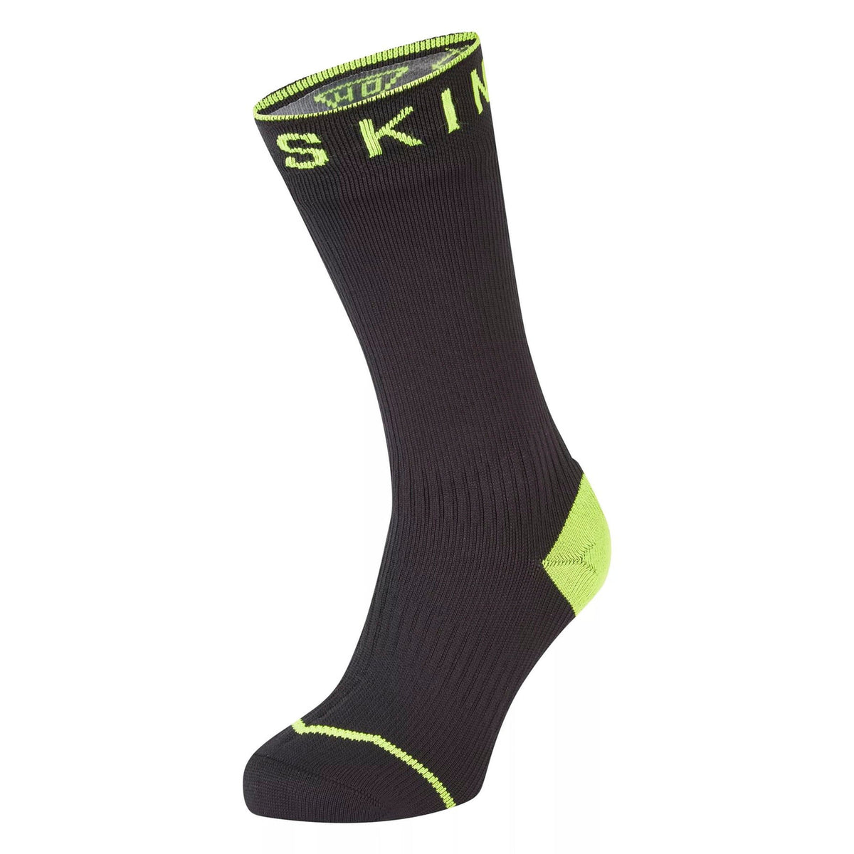 Mid-length waterproof socks, black with neon yellow heel, toe and contrast trim