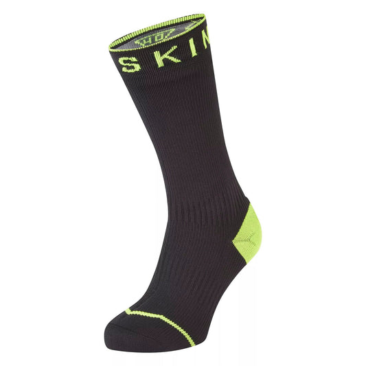 Mid-length waterproof socks, black with neon yellow heel, toe and contrast trim