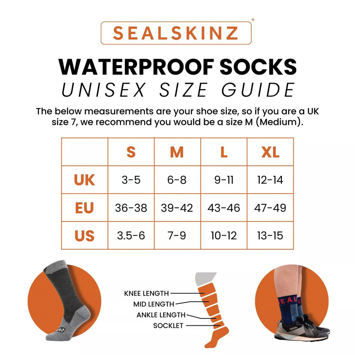 Waterproof socks unisex size guide chart with UK/EU/US sizing table