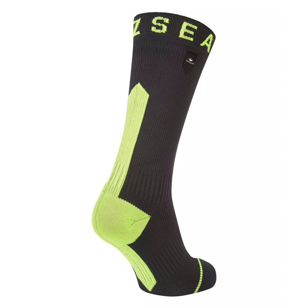 Mid-length waterproof socks in black with neon yellow side panel and ribbed arch