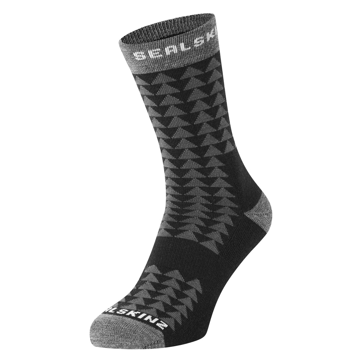 Mid-length running socks, dark gray with lighter geometric triangles; gray toe and heel.