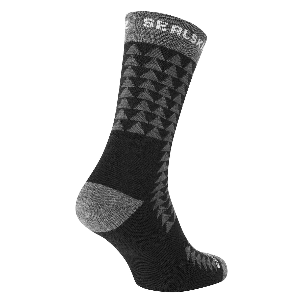Mid-length running socks, black with dark geometric triangles; gray toe and heel.