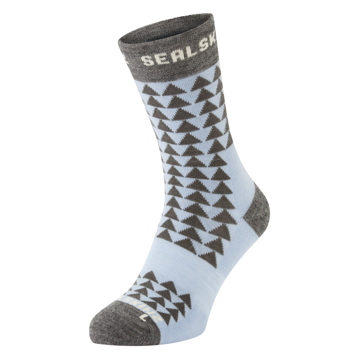 Mid-length running socks, light blue with dark geometric triangles; gray toe and heel.