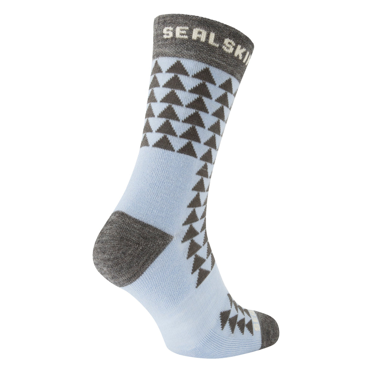 Mid-length running socks, light blue with dark triangle pattern; gray cuff and heel.