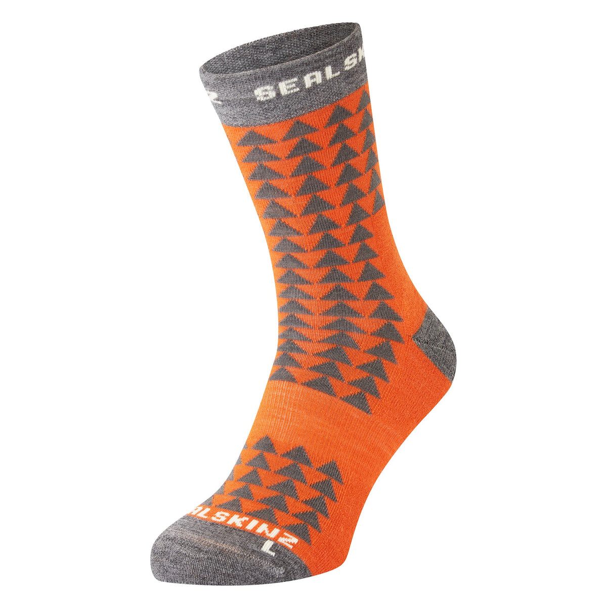 Mid-length running socks, orange with dark triangle pattern; gray toe and heel.