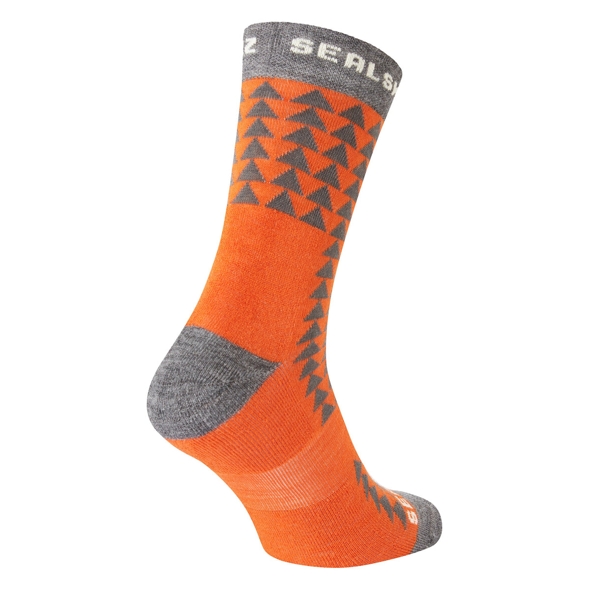 Mid-length running socks, bright orange with dark geometric triangles; gray cuff and heel.