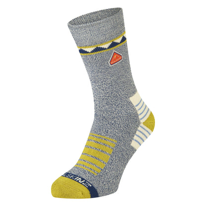 Heather gray-blue bamboo mid-length hiking socks with yellow stripes and navy logo