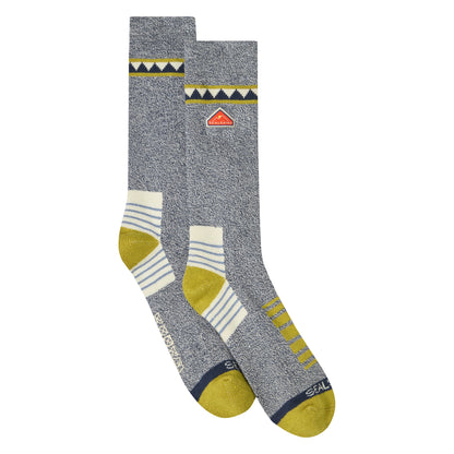Mid-length hiking socks in heather gray with yellow and cream banding