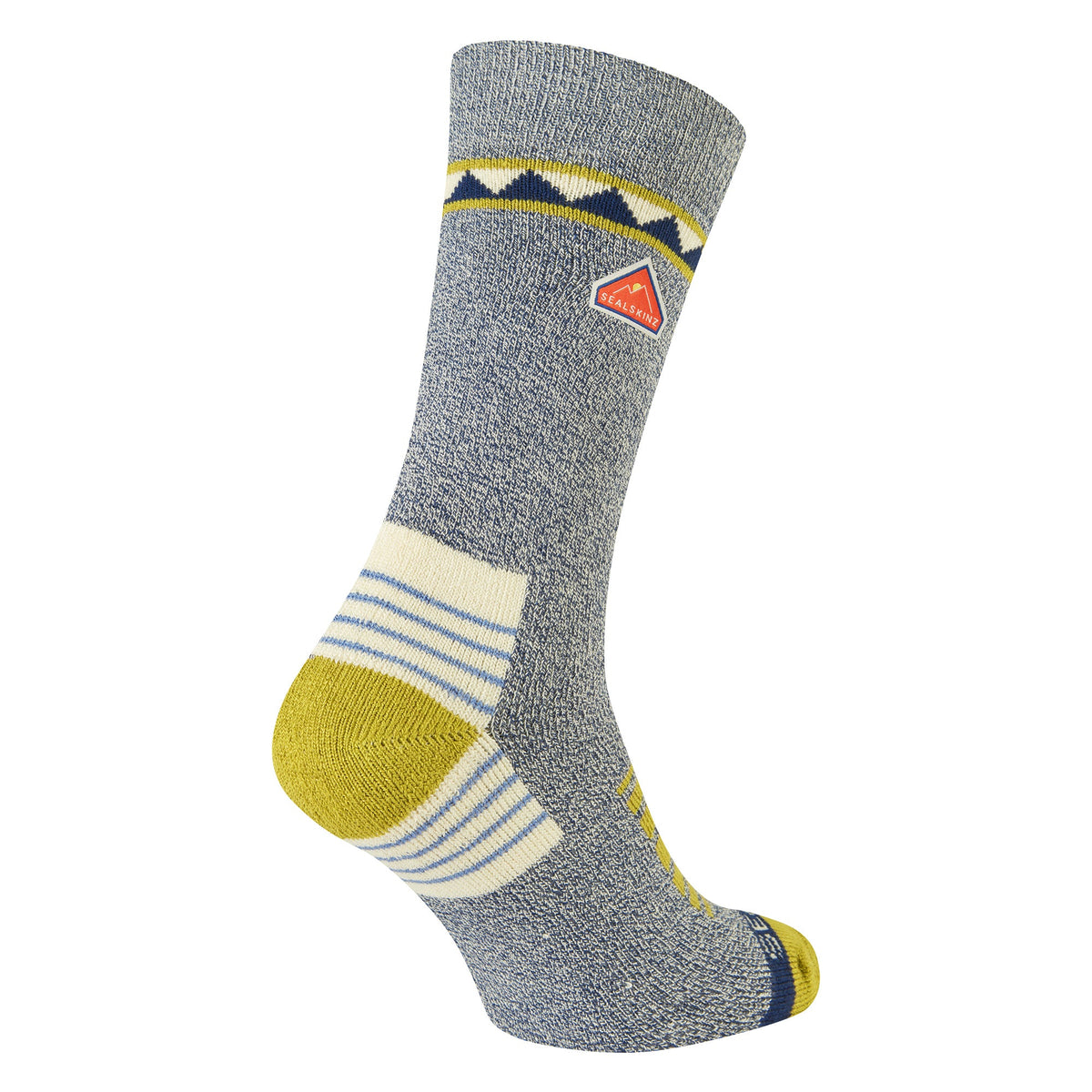 Heather gray-blue bamboo mid-length hiking socks with yellow toe and navy logo patch