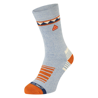 Light blue bamboo mid-length hiking socks with orange stripes and navy logo patch