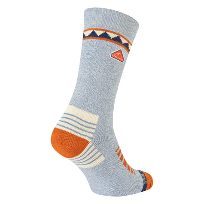 Light blue bamboo mid-length hiking socks with orange toe/heel and navy logo patch
