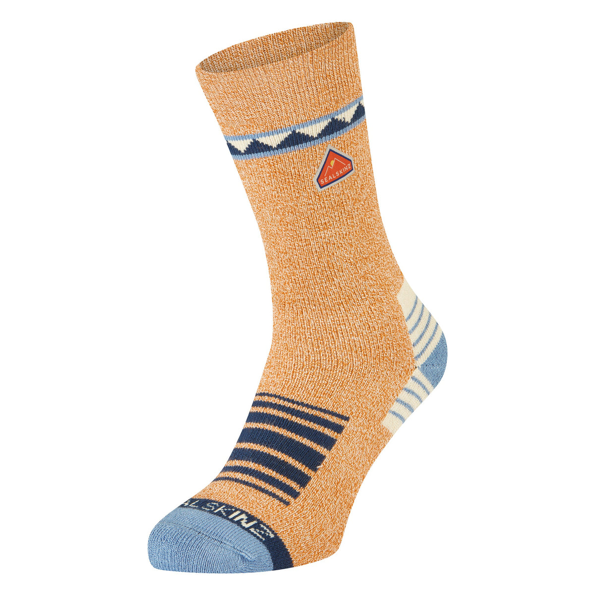 Orange bamboo mid-length hiking socks with navy geometric band and logo patch