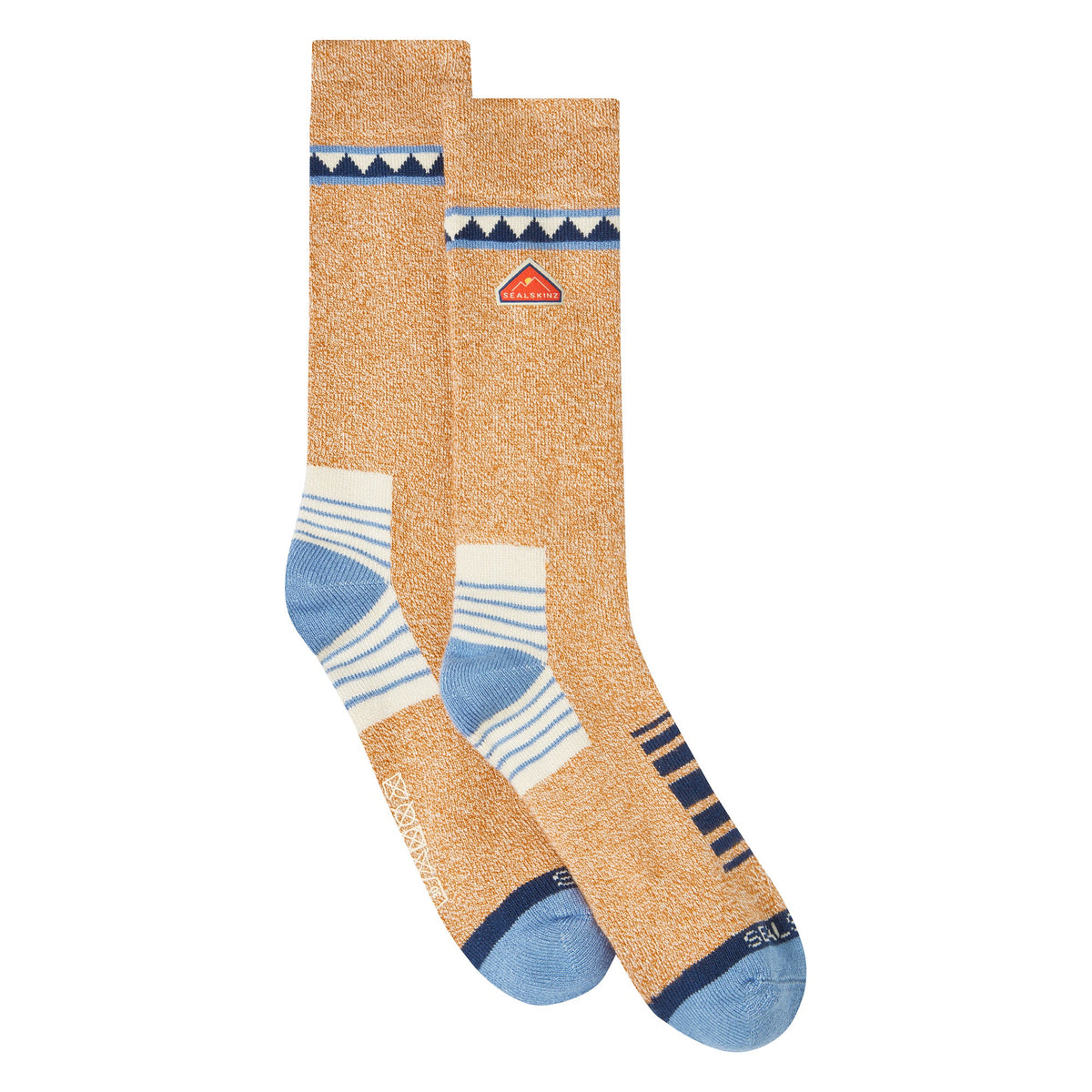 Orange bamboo mid-length hiking socks, two-pack view with navy and white bands