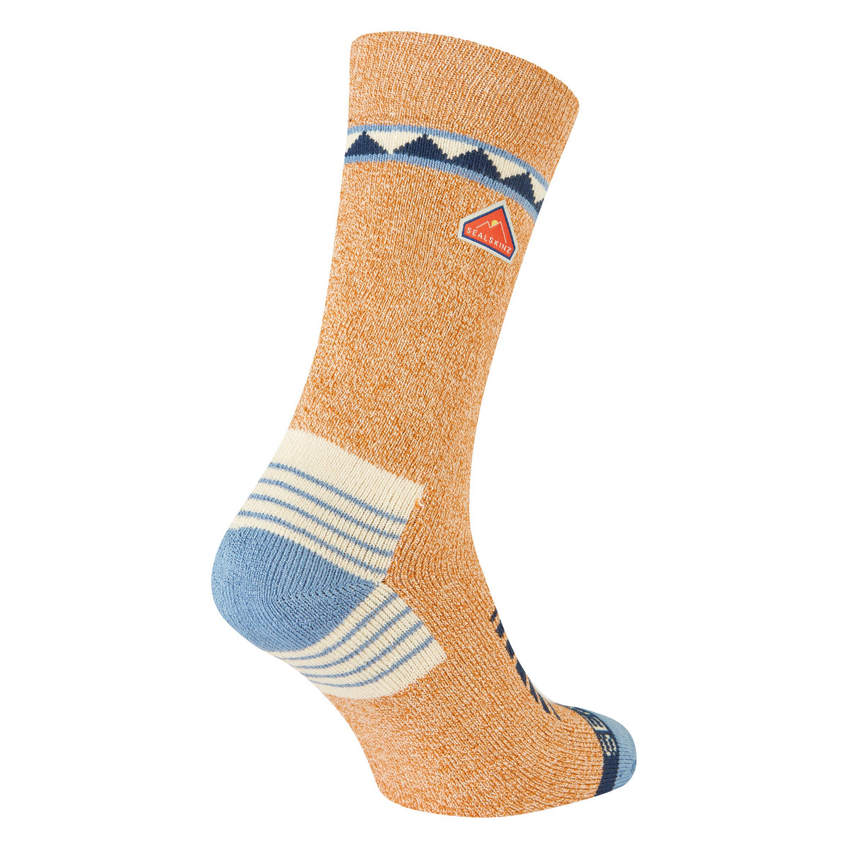 Orange bamboo mid-length hiking socks with navy logo patch and striped sole