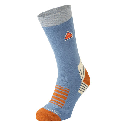 Mid-length hiking socks in blue with orange heel/toe and striped cuff; crew fit