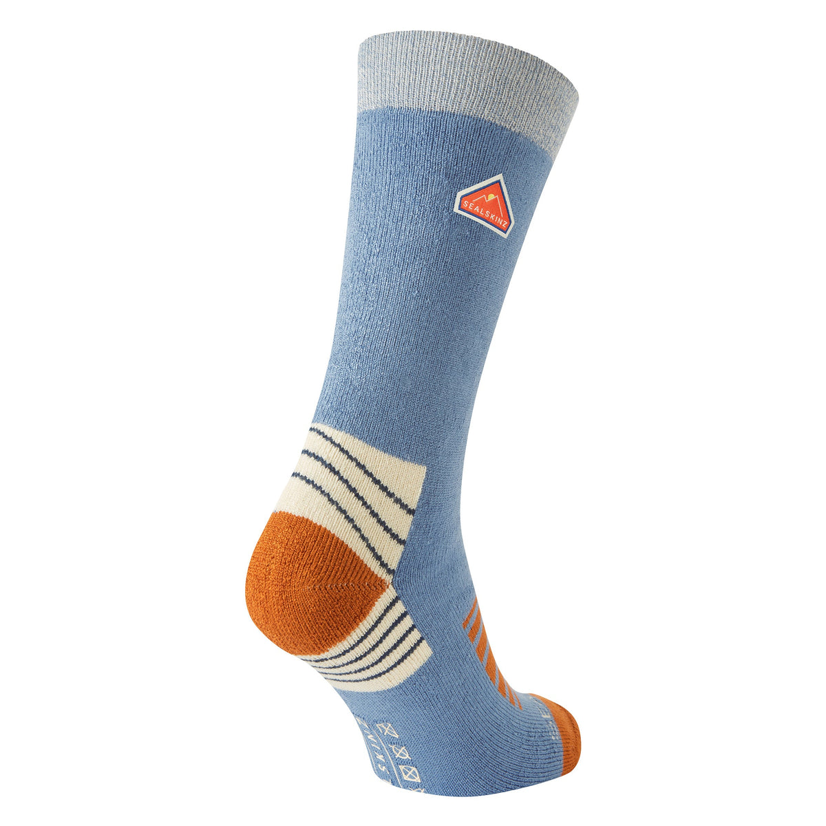 Mid-length hiking socks in blue with orange heel/toe, cream and navy stripe pattern