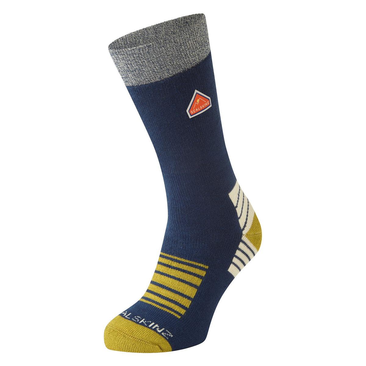 Mid-length hiking socks in navy with yellow striped cuff and yellow toe; crew fit