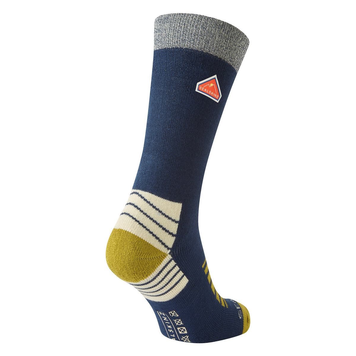 Mid-length hiking socks in navy with cream striped heel and yellow accent toe