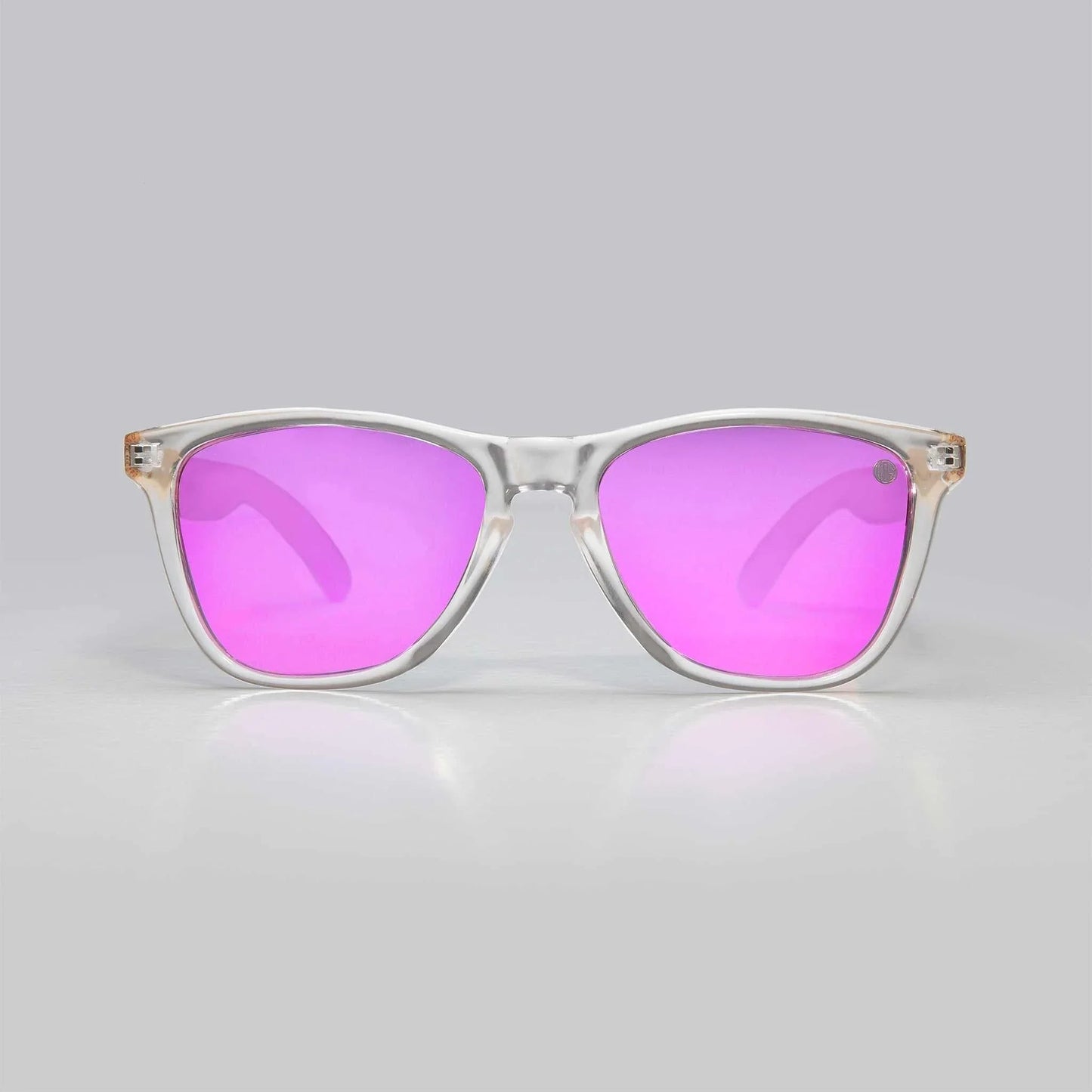 Clear-framed polarised sunglasses with pink mirrored lenses, front view.
