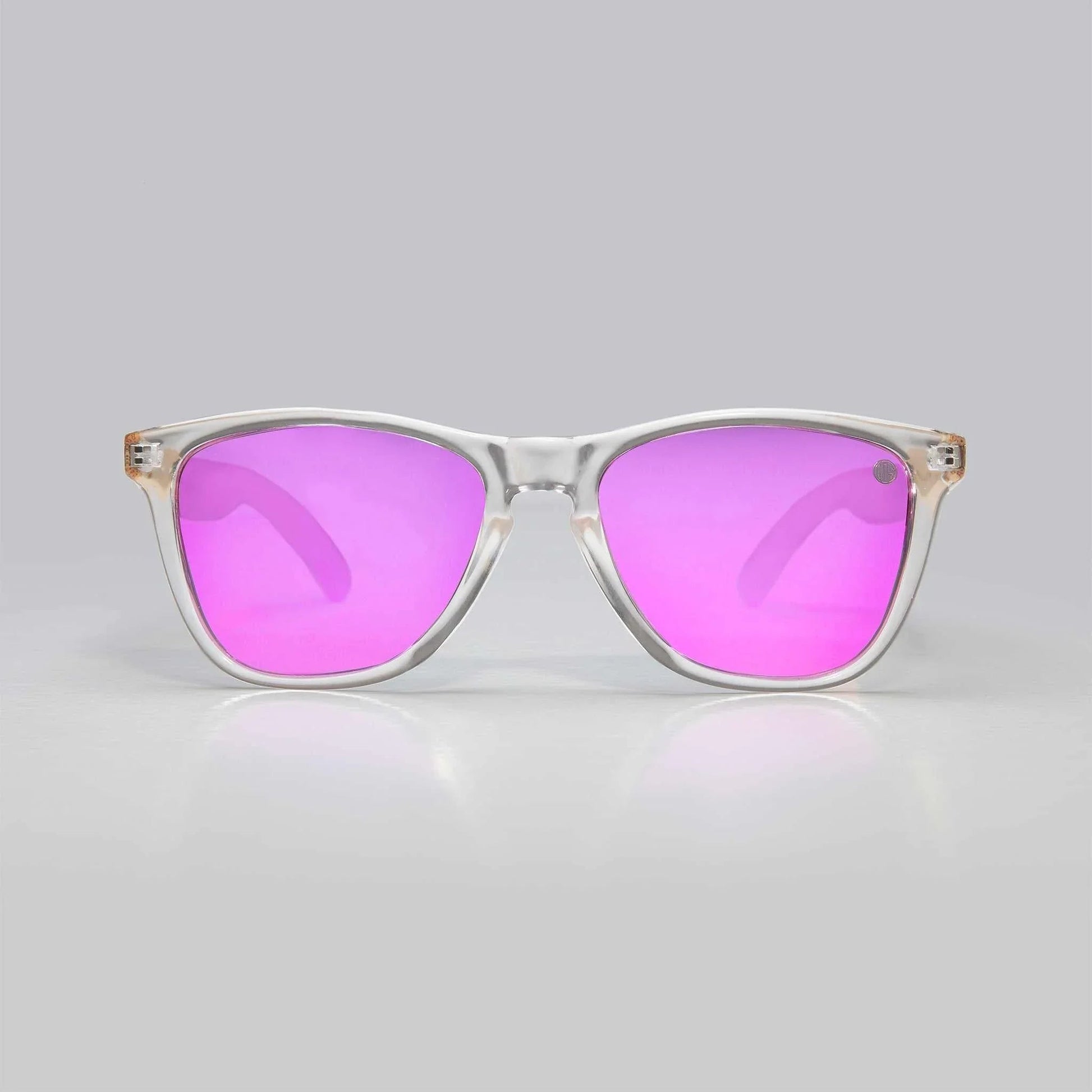 Clear-framed polarised sunglasses with pink mirrored lenses, front view.