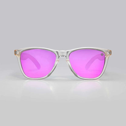 Clear-framed polarised sunglasses with pink mirrored lenses, front view.