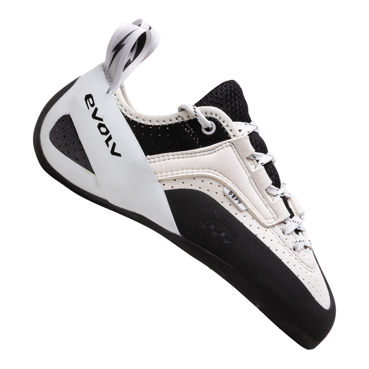 Evolv Defy Lace LV low-volume climbing shoes, white upper with black toe and side strap