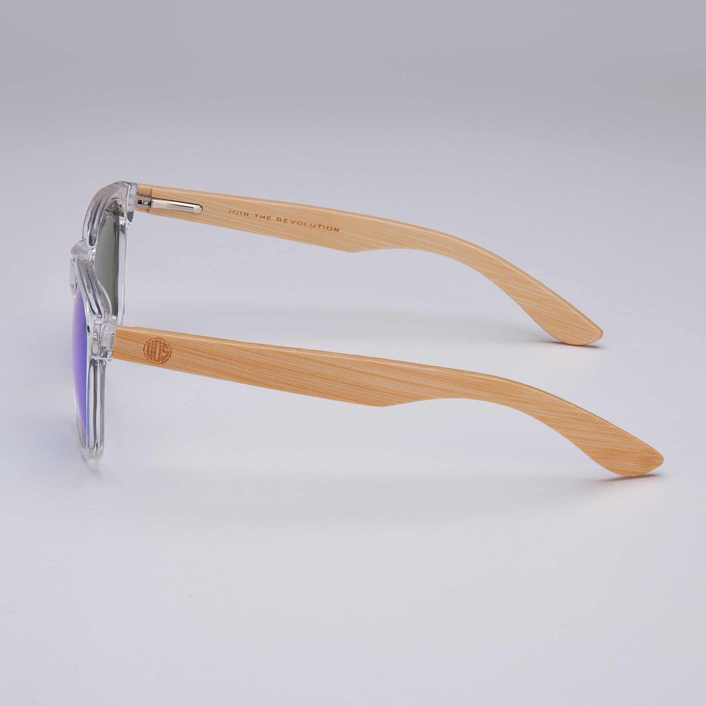 Clear sunglasses with bamboo-look temple arms, side profile
