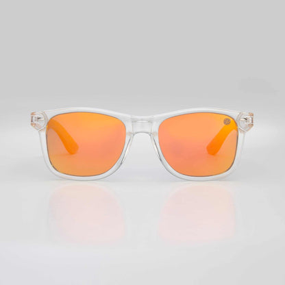 Clear sunglasses with orange mirrored lenses and bamboo-look temple arms
