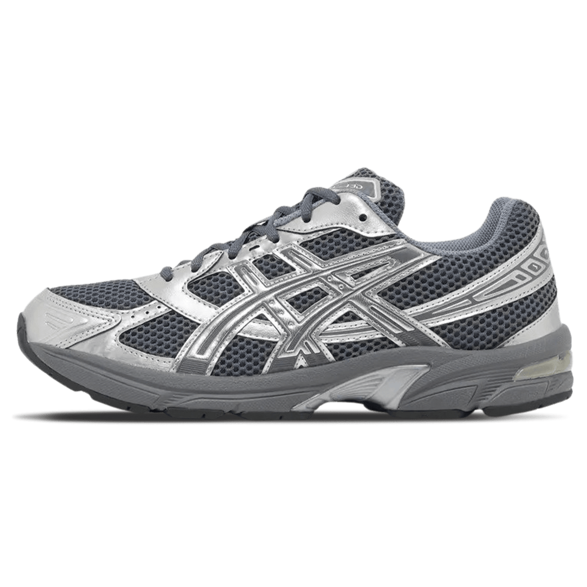 ASICS GEL-1130 lace-up trainers in steel grey and silver, mesh panels and side overlays.