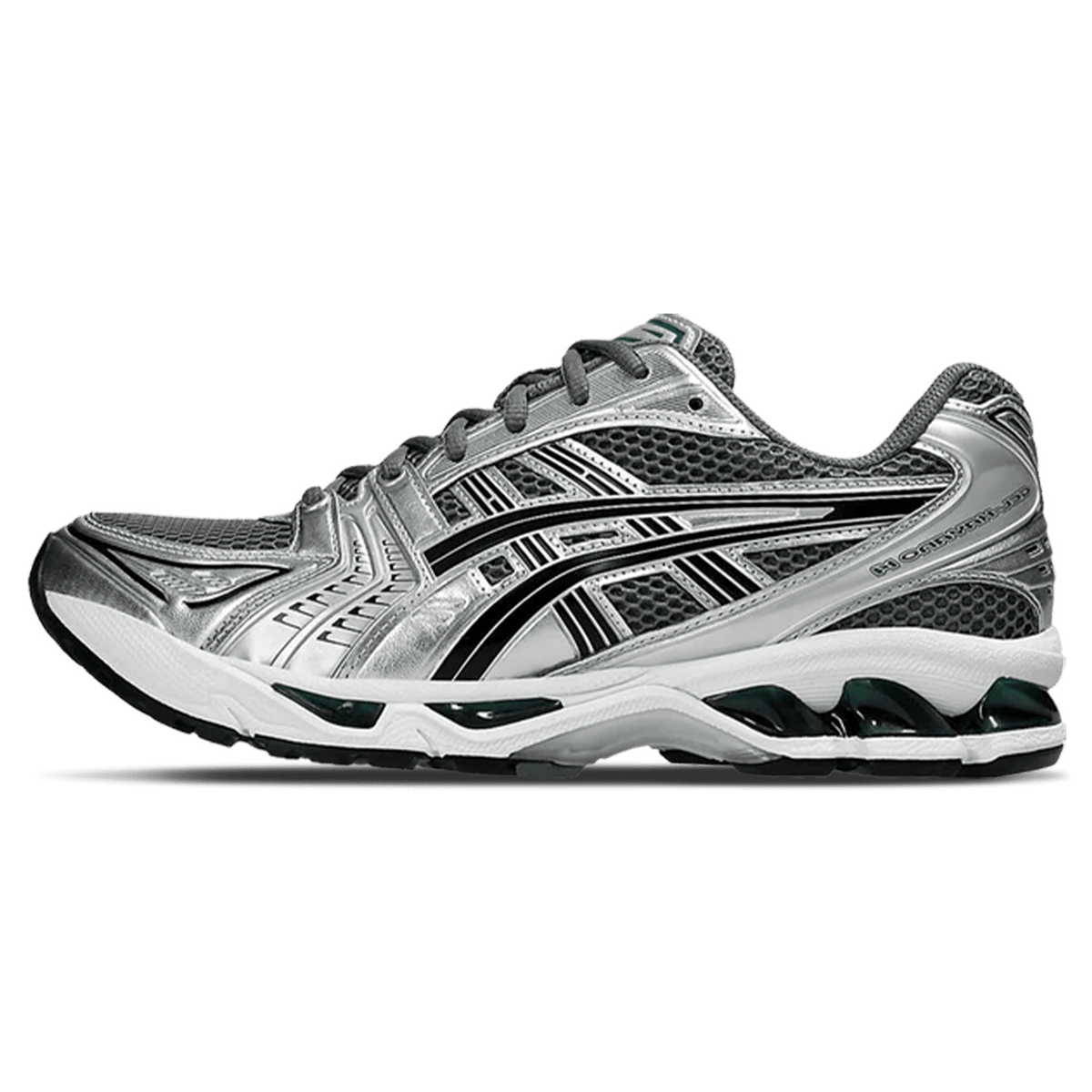 Silver and black running trainers with dark green cushioning sole, lace-up side view