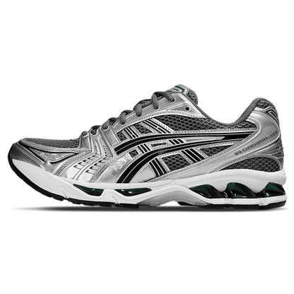 Silver and black running trainers with dark green cushioning sole, lace-up side view