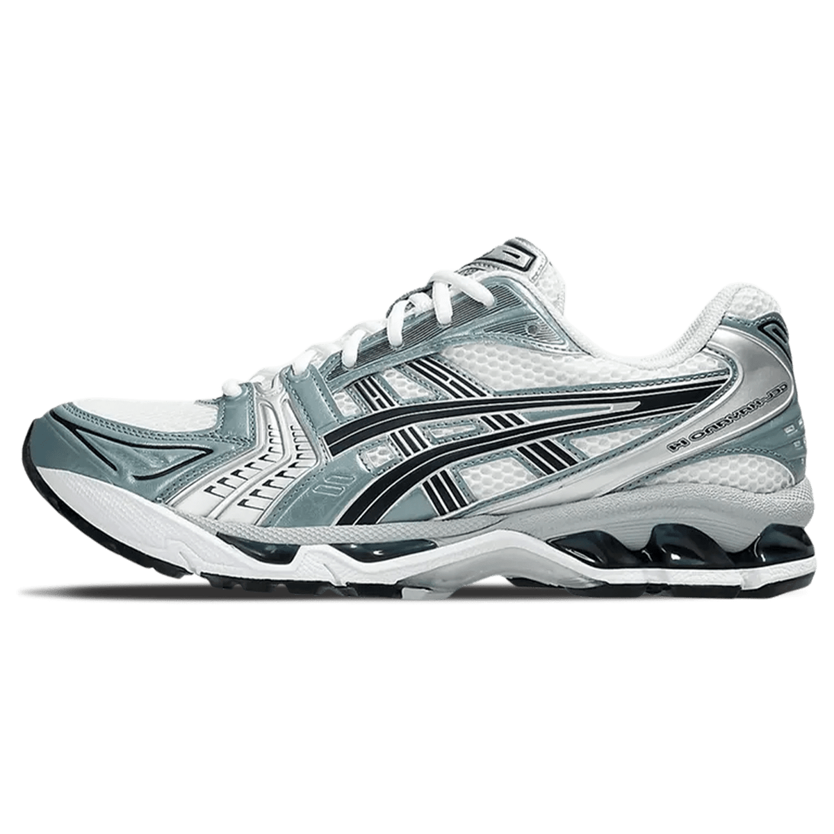 White and fjord grey running trainers with black stripes, lace-up design, and chunky sole