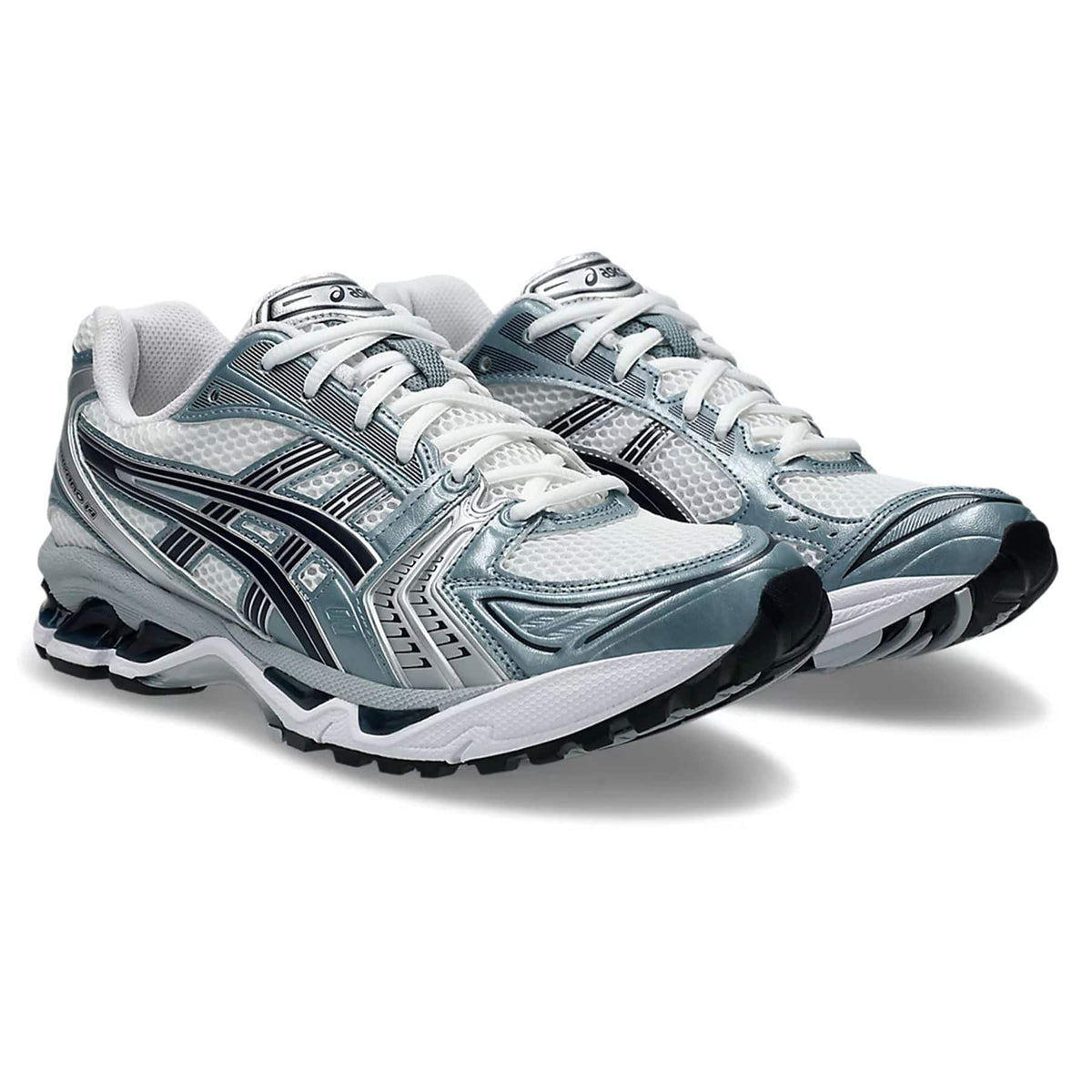 Pair of fjord grey and white running trainers with black striping and lace-up upper