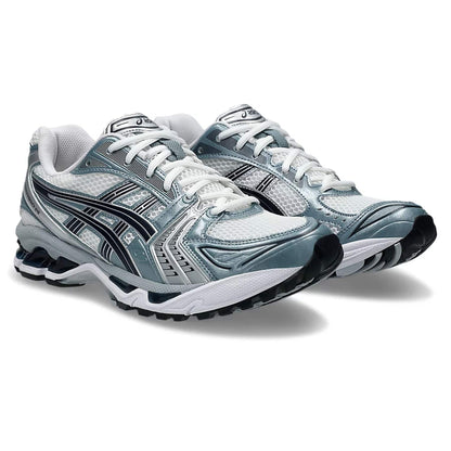 Pair of fjord grey and white running trainers with black striping and lace-up upper