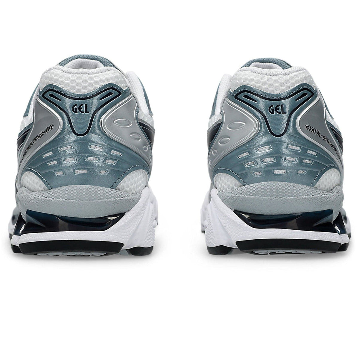 Back view of fjord grey and white running trainers with GEL branding on the heel