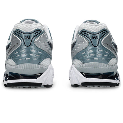 Back view of fjord grey and white running trainers with GEL branding on the heel