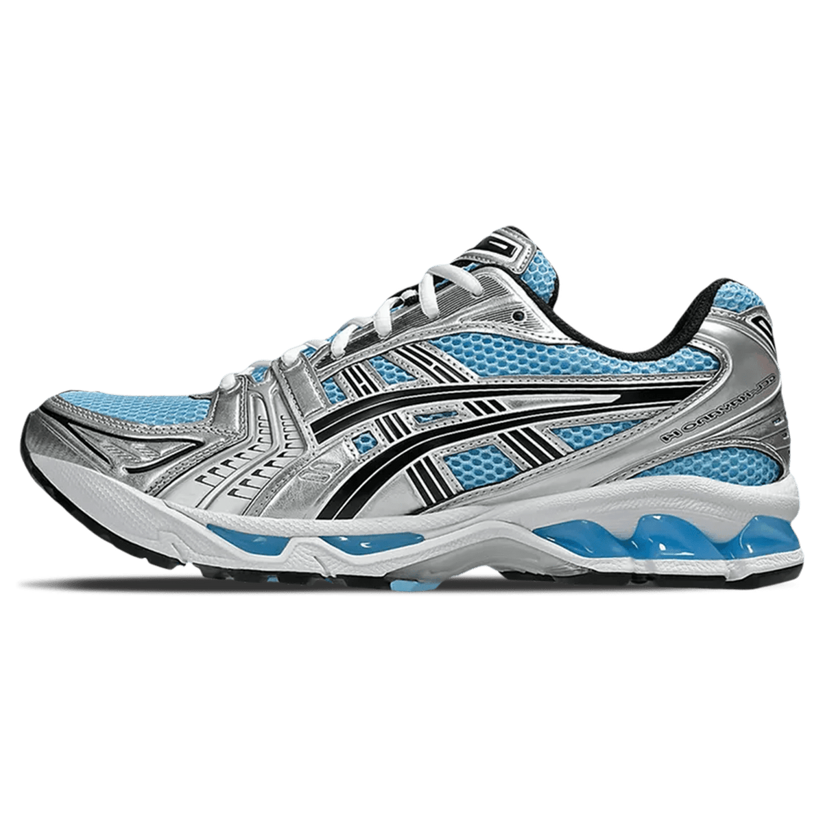 ASICS GEL-KAYANO 14 trainers in silver with blue mesh overlays and white laces