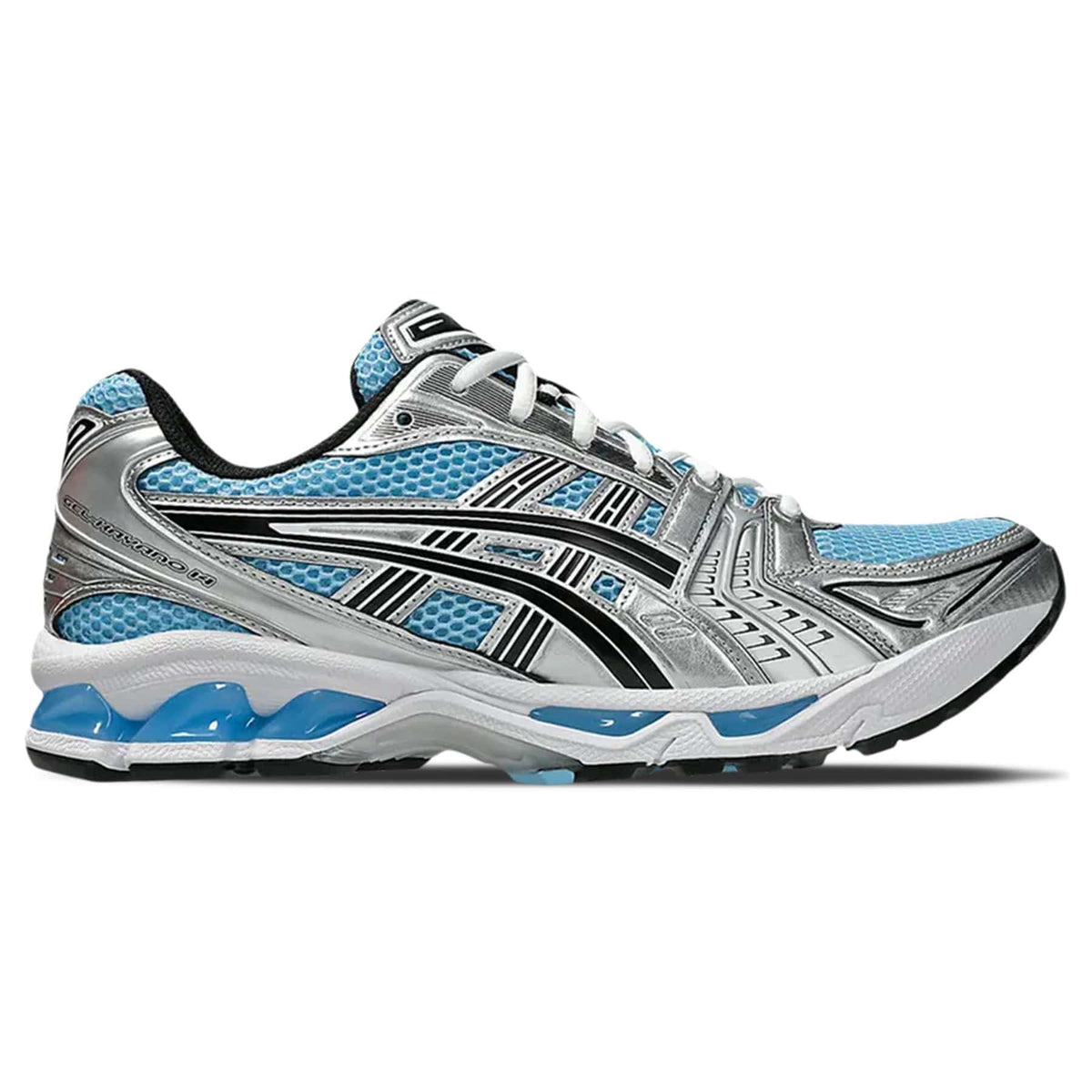 ASICS GEL-KAYANO 14 trainers, silver with blue panels, black heel, white laces