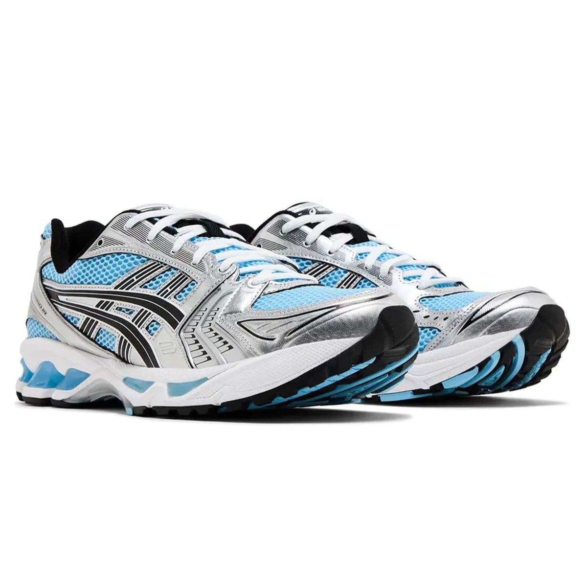 ASICS GEL-KAYANO 14 trainers pair, silver uppers with blue mesh accents and black soles