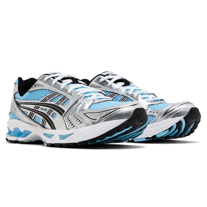 ASICS GEL-KAYANO 14 trainers pair, silver uppers with blue mesh accents and black soles