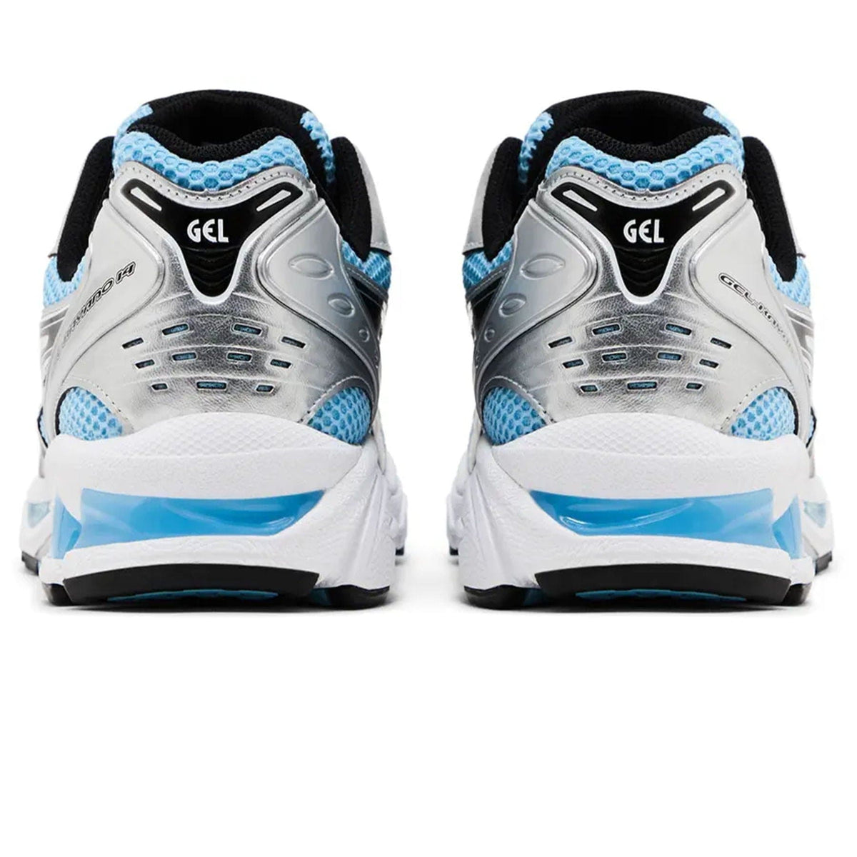 ASICS GEL-KAYANO 14 trainers pair, white heels with blue GEL branding and black collar
